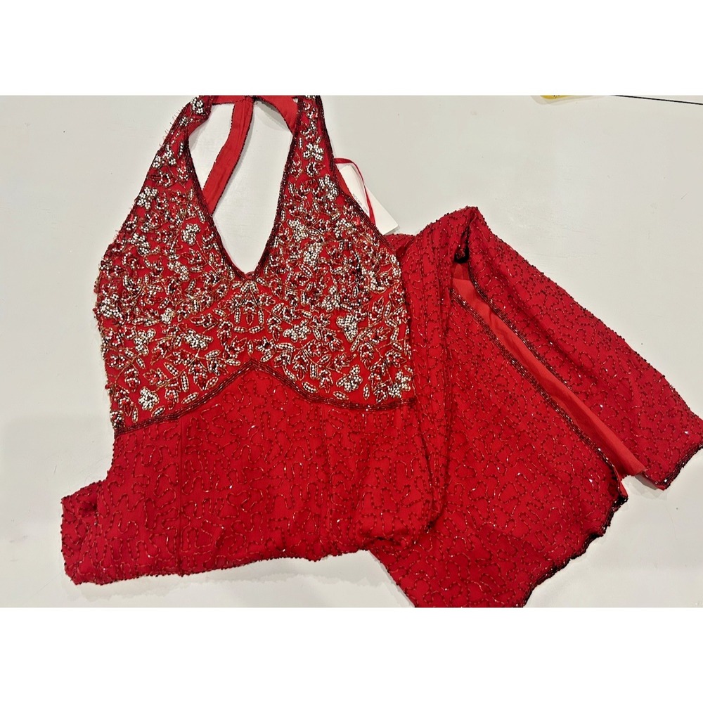Laurence Kazar Full Beaded Red Halter Long Evening Gown Size M 100% Silk 90s Y2K